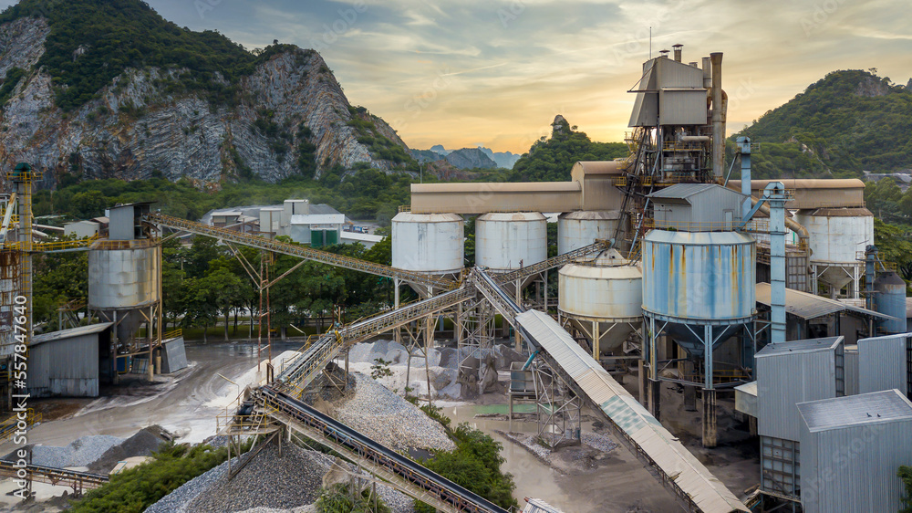 Aerial view cement factory mill in cement factory, Cement production factory, Concrete or cement plant, Heavy industry construction industry.
