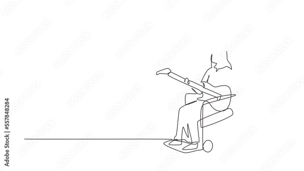 Self drawing animation of single line draw Arab male sit wheelchair playing electric guitar, sing song. Physically disabled. Person in hospital room ward. Continuous line draw. Full length animated Self drawing animation of single line draw Arab male sit wheelchair playing electric guitar, sing song. Physically disabled. Person in hospital room ward. Continuous line draw. Full length animated