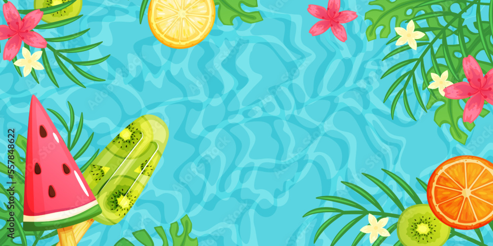 Hot summer banner with watermelon and green leaf. Vector of watermelon template, banner summer special for advertising brochure illustration Hot summer banner with watermelon and green leaf. Vector of watermelon template, banner summer special for advertising brochure illustration