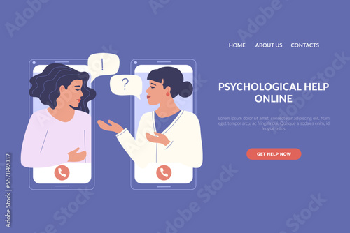 The girl is talking to a professional psychologist using her phone. Online therapy concept. Banner for the main page of the site, application or printed products. Vector illustration. photo
