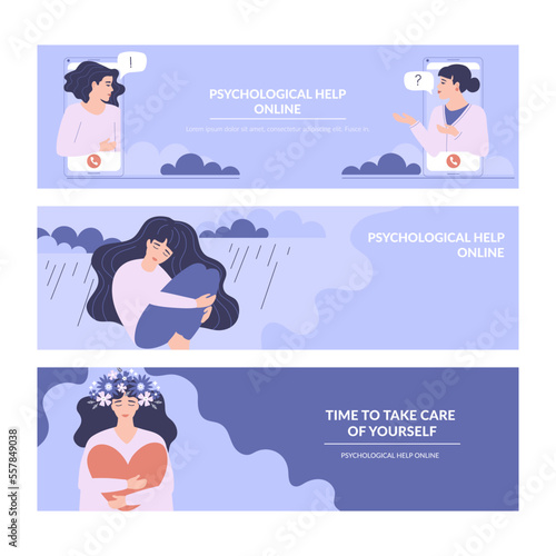A girl with a mental disorder and depression in need of emotional support. Online service for psychological help and support. Self-care as a tool for harmony. Vector.