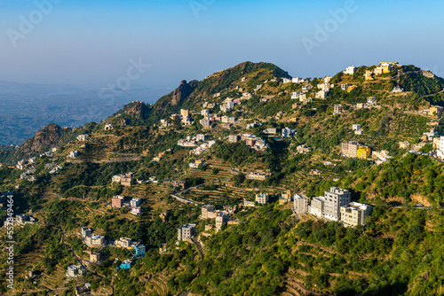 Saudi Arabia, Jazan Province, Faifa, Aerial view of rural settlement in Faifa Mountains