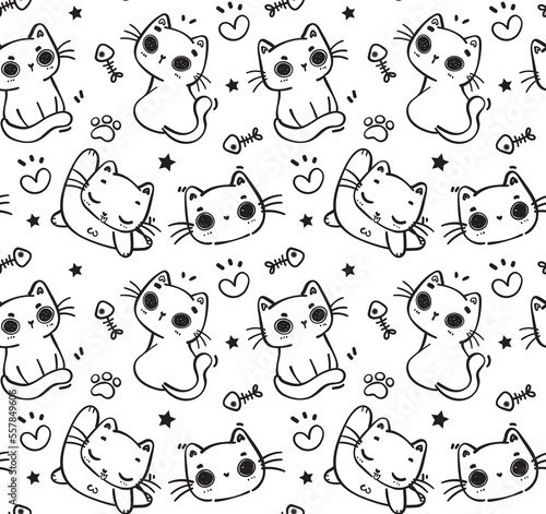 cute pattern seamless doodle funny kitten cat cartoon hand drawing vector black line isolated on white background