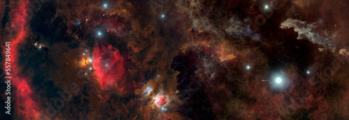 Panoramic view of Orion, Horsehead, Barnards Loop, Flaming Star and Witch Head nebulas photo