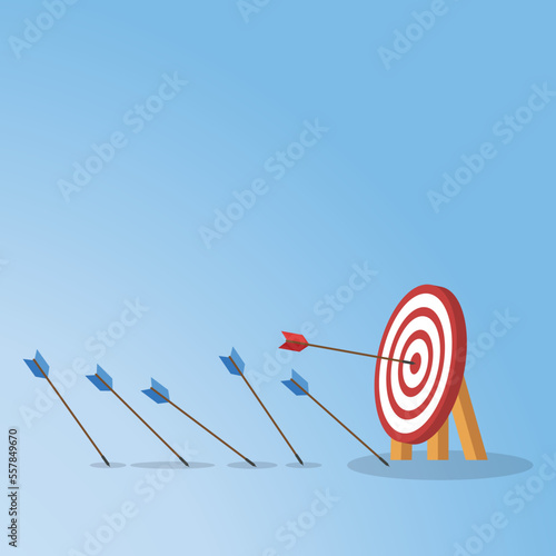  Business challenge failure and success concept. Blue arrows missed hitting target and only red one hits the center.