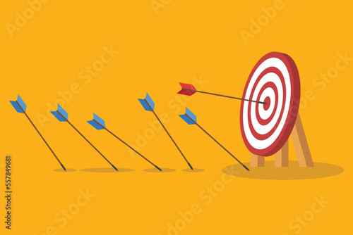  Business challenge failure and success concept. Blue arrows missed hitting target and only red one hits the center.