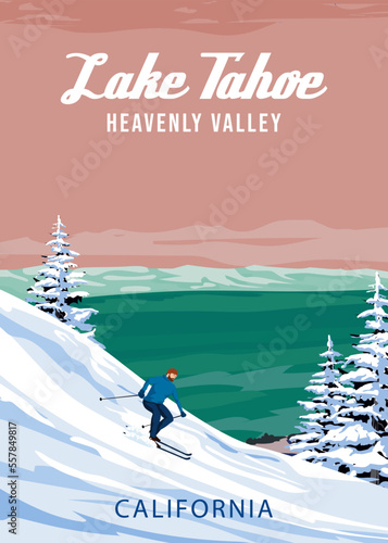 Lake Tahoe Ski Travel resort poster vintage. California USA winter landscape travel card