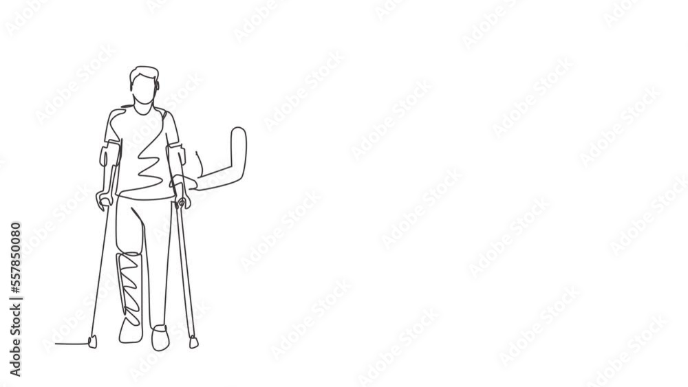 Self drawing animation of single line draw rehabilitation. Patient learning to walk using crutches with help of doctor. Physiotherapy treatment with injury. Continuous line draw. Full length animated Self drawing animation of single line draw rehabilitation. Patient learning to walk using crutches with help of doctor. Physiotherapy treatment with injury. Continuous line draw. Full length animated