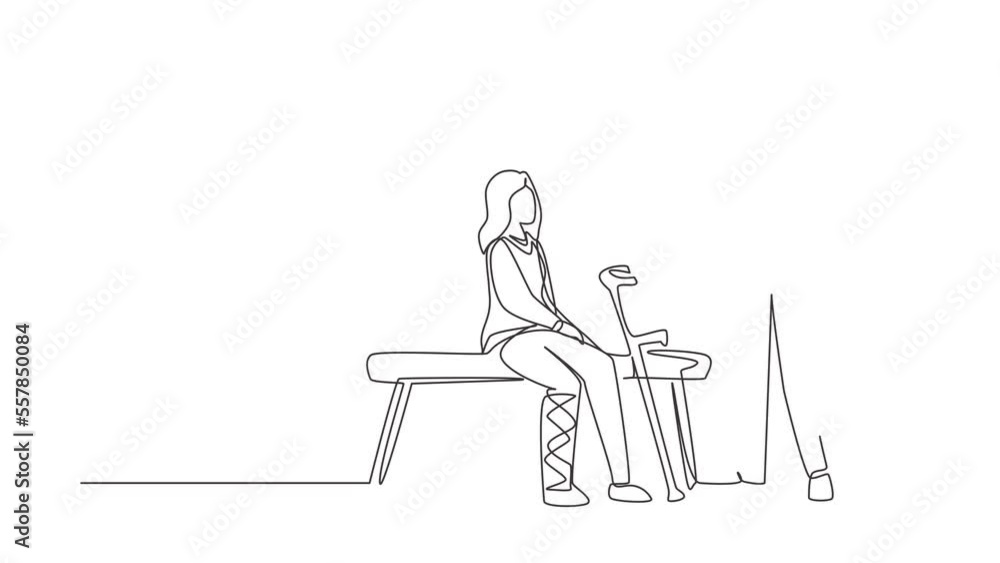 Animated self drawing of continuous line draw leg fracture patient. Medical doctor talking to woman with broken leg. Young girl on consultation with trauma. Full length single line animation Animated self drawing of continuous line draw leg fracture patient. Medical doctor talking to woman with broken leg. Young girl on consultation with trauma. Full length single line animation
