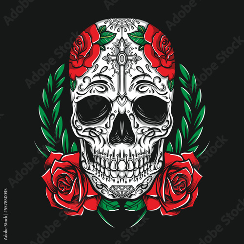 sugarskull with roses and floral ornament