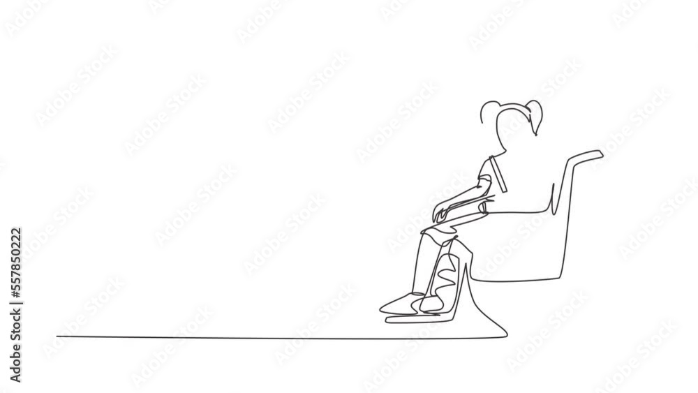Animated self drawing of continuous line draw girl with leg in plaster. Injured upset kid sitting in wheelchair with broken leg. Child with fractured leg suffering pain. Full length one line animation Animated self drawing of continuous line draw girl with leg in plaster. Injured upset kid sitting in wheelchair with broken leg. Child with fractured leg suffering pain. Full length one line animation