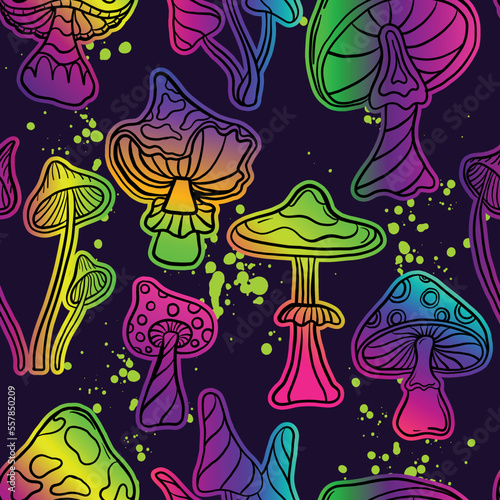 Magic mushrooms. Psychedelic hallucination vectorseamless pattern. 60s hippie and boho texture background. Ttrippy wallpaper.
