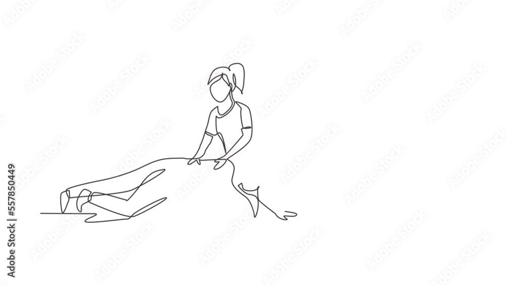Self drawing animation of single line draw physiotherapy rehabilitation isometric composition with woman patient lying on rubber ball with medical assistant. Continuous line draw. Full length animated Self drawing animation of single line draw physiotherapy rehabilitation isometric composition with woman patient lying on rubber ball with medical assistant. Continuous line draw. Full length animated