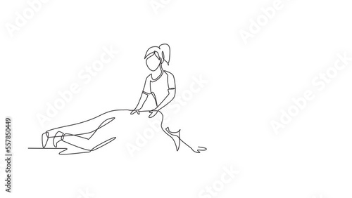Wallpaper Mural Self drawing animation of single line draw physiotherapy rehabilitation isometric composition with woman patient lying on rubber ball with medical assistant. Continuous line draw. Full length animated Torontodigital.ca