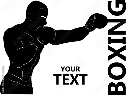 Boxing strikes directly. Silhouette. Strong fighter. Athlete in training. Demonstration of combat skills.