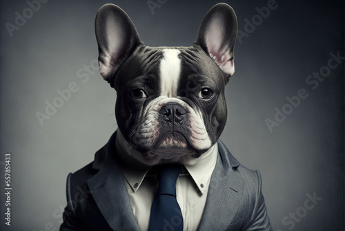 French bulldog in suit like a businessman, portrait, cute puppy, funny dog, generative AI and manual enhanced color © pham
