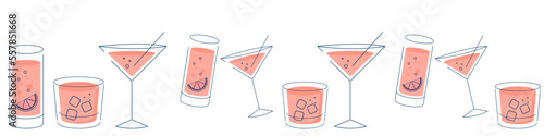 Cocktails collection, alcoholic and non-alcoholic summer drinks with ice cubes of lemon, lime, and mint. Whiskey with ice, tequila, vodka, sambuca, mojito. Vector illustration of summer cocktails.