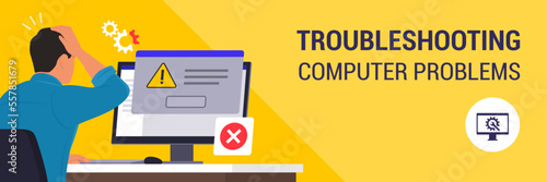 Man reading an error message notification on the computer screen