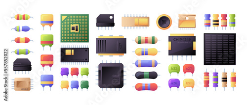 Semiconductor collection. Electrical components chip capacitor microchip processor battery resistor of semiconductor colleciton illustration component photo