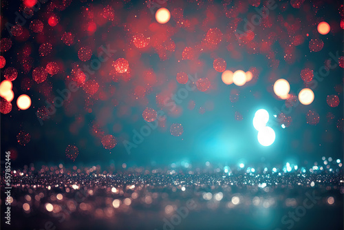 abstract red and blue sparkling glitter bokeh background, generative ai