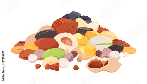 Heap of seeds. Cartoon mix of green raw garden grains flat style, natural organic plant pile harvesting concept vegan vegetarian food. Vector illustration of heap seed and nuts isolated