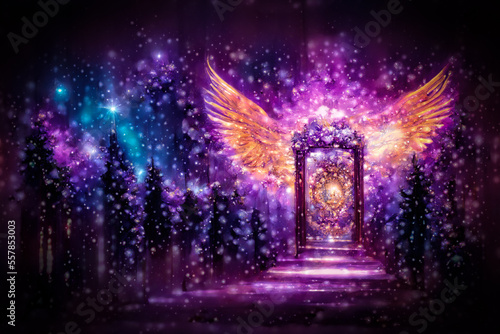 Beautiful crystal heaven. Crystal gate with wings. Digital art.
