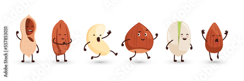Seeds characters. Cartoon funny nut grain icons with smiling faces, cute almond walnut peanut mascots with arms and legs. Vector isolated set of cartoon seed nutrition characters illustration