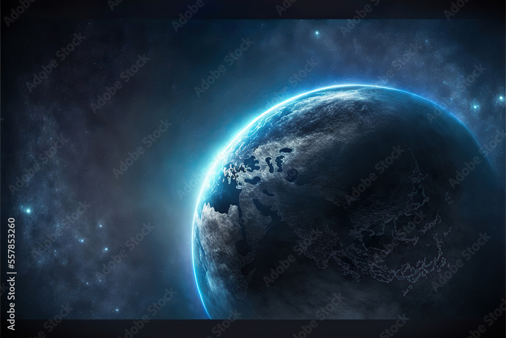 Fototapeta premium mysterious alien blue planet in outer space, generative ai