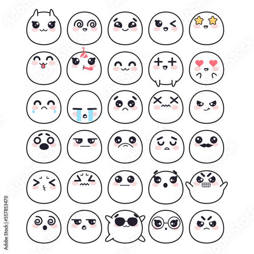 Kawaii cute faces emotion collection line art. Vector of emoticon doodle love and laugh, crazy and happiness caricature illustration
