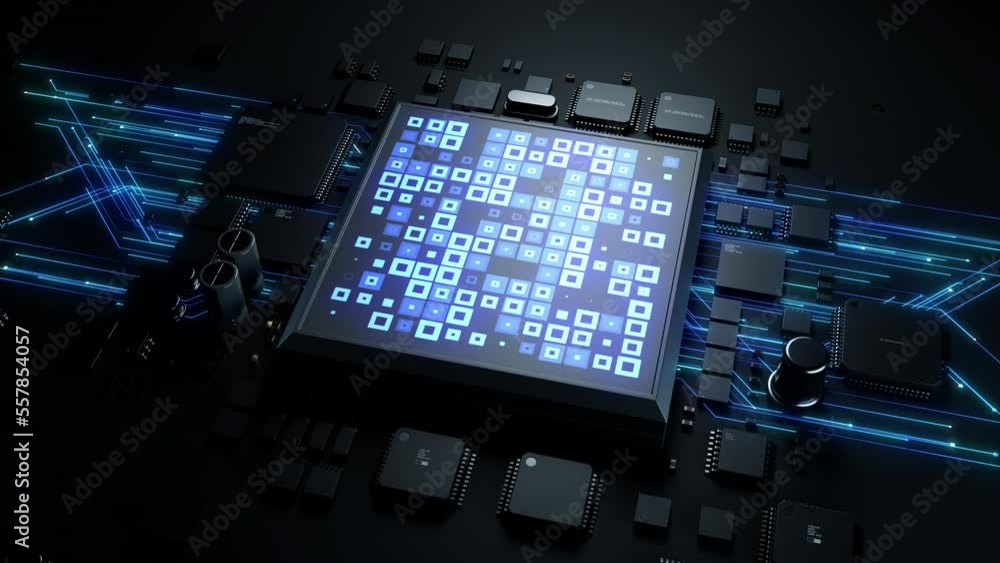 Chip's spectacular appearance on the surface with the effect of a computational process in close-up. Dynamic animation on Microelectronics Technology Chip's spectacular appearance on the surface with the effect of a computational process in close-up. Dynamic animation on Microelectronics Technology