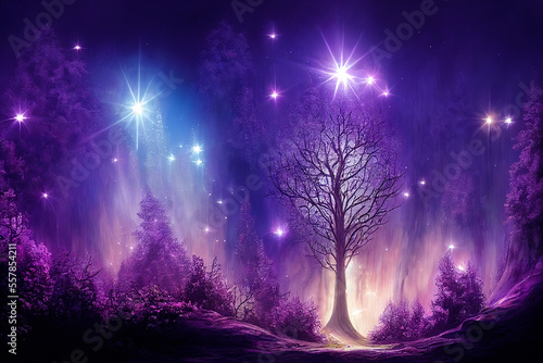Beautiful magic night forest. Digital art.
