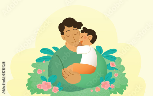Happy father's day celebration vector card illustration. Dark-skinned or hispanic father carrying his young son in his arms. Portrait close-up with a plants background. Dad and child hugging.