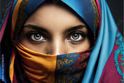 Fotografia portrait of a beautiful arabic woman in a colorful veil, generative ai