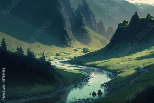 mountain landscape and a river across the green fields, art illustration
