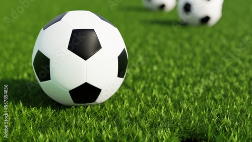 close up of soccer ball on grass, empty space for text