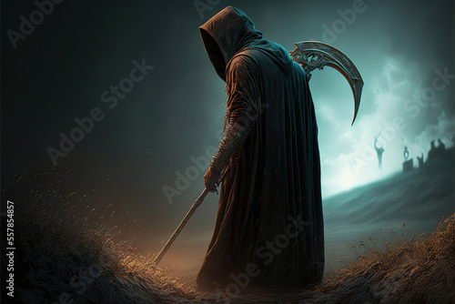 the grim reaper with a scythe, portrait of the death, generative ai photo