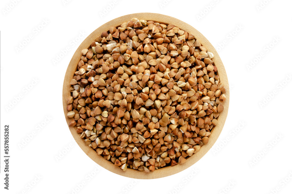 Heap of buckwheat seeds in wooden bowl isolated on white background, top view. Close-up of buckwheat seeds. Heap of buckwheat seeds after harvest. Pile of buckwheat seeds in a wooden bowl, top view. Heap of buckwheat seeds in wooden bowl isolated on white background, top view. Close-up of buckwheat seeds. Heap of buckwheat seeds after harvest. Pile of buckwheat seeds in a wooden bowl, top view.