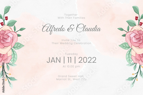Wedding invitation template with watercolor flowers