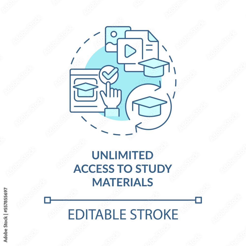 Unlimited access to study materials blue concept icon. Learning management system abstract idea thin line illustration. Isolated outline drawing. Editable stroke. Arial, Myriad Pro-Bold fonts used Unlimited access to study materials blue concept icon. Learning management system abstract idea thin line illustration. Isolated outline drawing. Editable stroke. Arial, Myriad Pro-Bold fonts used
