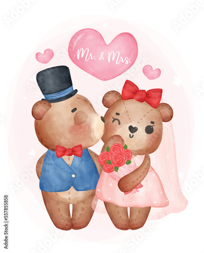 Cute watercolour Valentine teddy bears,  two couple kissing Wedding brown teddy bears in groom and bride, Mr. and Mrs., cartoon character hand drawing illustration vector