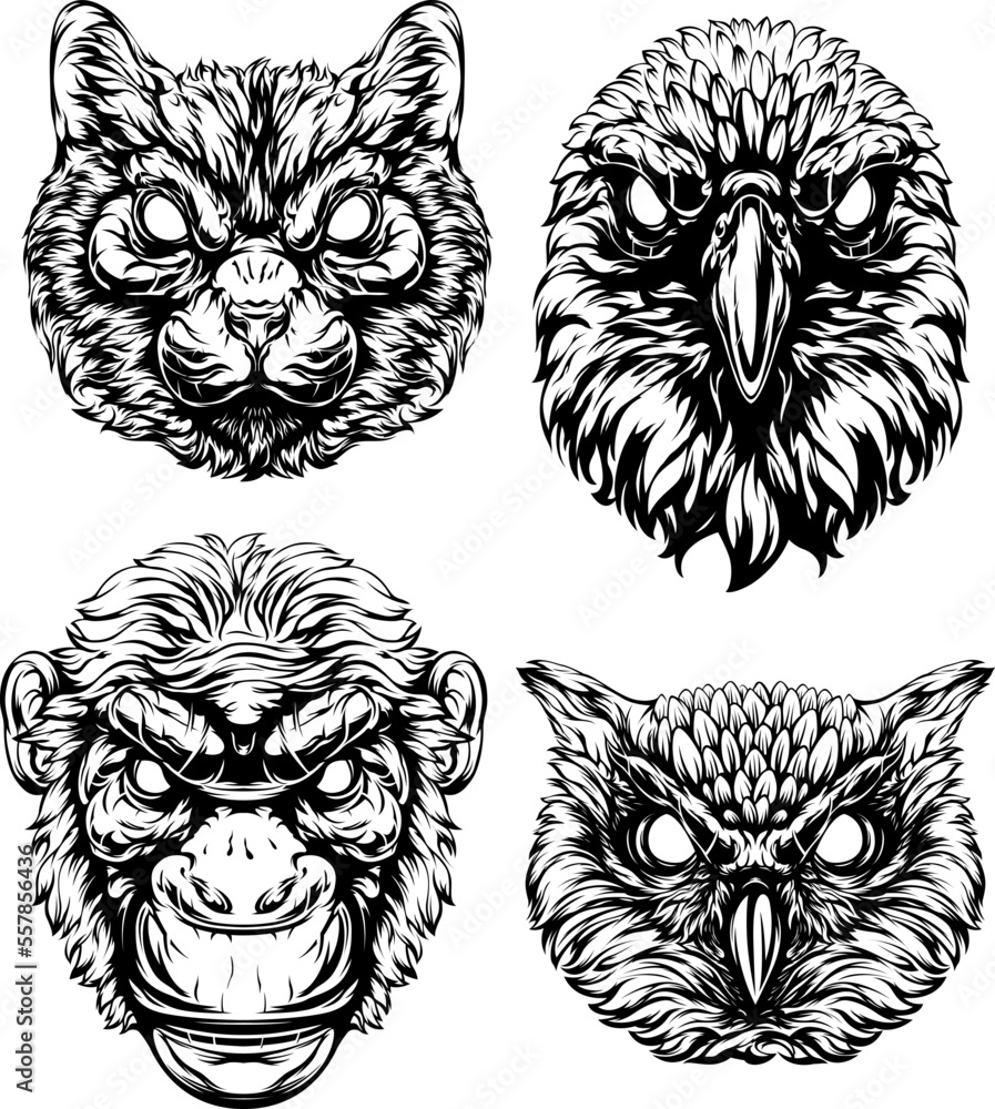 Black and white hand drawn face of monkey, cat, owl, crow. Vector illustration mascot art. Black and white hand drawn face of monkey, cat, owl, crow. Vector illustration mascot art.