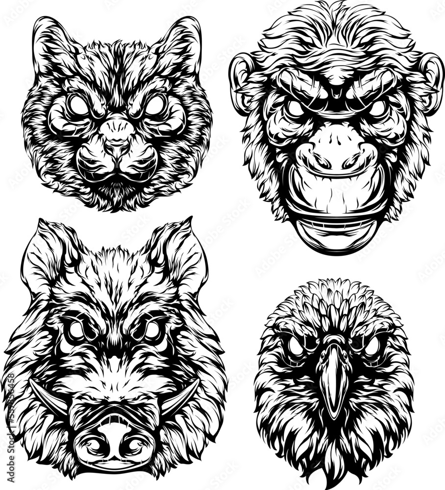 Black and white hand drawn face of monkey, cat, crow, pig. Iillustration mascot art.