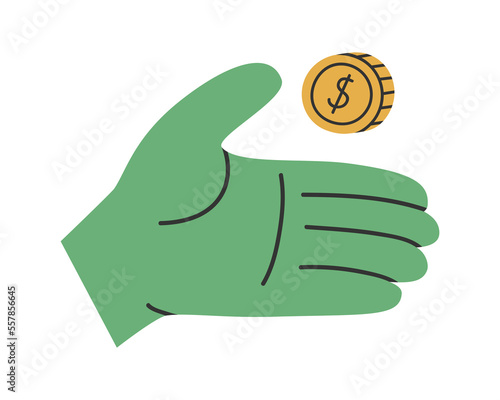 Hand drawn cute illustration of hand with coin. Flat vector giving money to charity in simple colored doodle style. Philanthropy, volunteer, finance sticker, icon or print. Isolated.