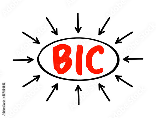 BIC Bank Identifier Code - SWIFT Address assigned to a bank in order to send automated payments quickly and accurately, acronym text concept with arrows