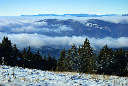 Wallpaper Mural An epic ocean of clouds and fog in the winter mountains landscape, aerial view. Huge white clouds come in waves over the foggy valleys, mountain peaks rise over like islands. Dramatic overcast sky Torontodigital.ca