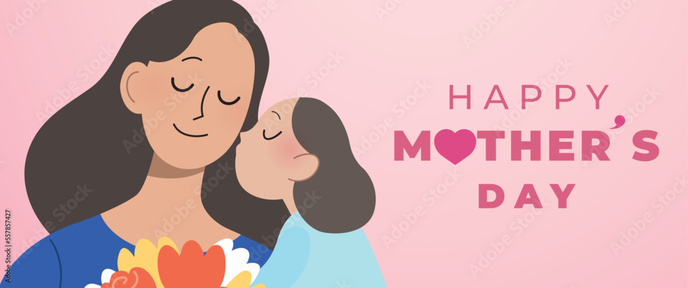Happy mother's day vector illustration banner background. Hispanic mother receiving a bouquet of flowers from child. Hispanic family with mom and daughter. Daughter hugging and kissing her mother. Happy mother's day vector illustration banner background. Hispanic mother receiving a bouquet of flowers from child. Hispanic family with mom and daughter. Daughter hugging and kissing her mother.