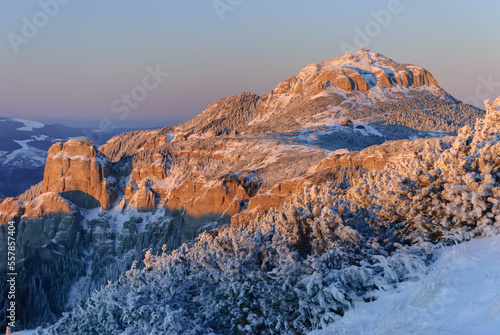 Majestic alpine scenery of mountains landscape in the evening. Sun sends its last rays over the lonely mountain peak, with slopes covered in frozen creeping pine. Beautiful blue and pink clear sky
