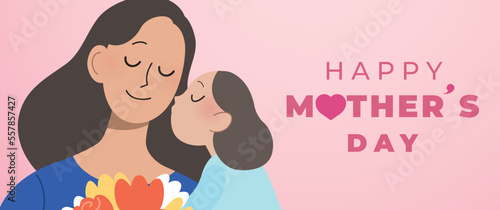 Happy mother's day vector illustration banner background. Hispanic mother receiving a bouquet of flowers from child. Hispanic family with mom and daughter. Daughter hugging and kissing her mother.