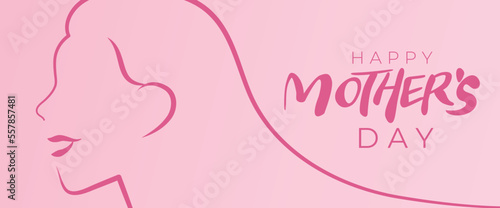 Happy mother's day celebration banner background with text. Profile face of a smiling woman drawn with lines. Minimalist line woman profile on a flat background.