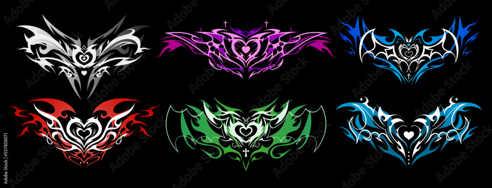 Succubus womb tattoo. Demon heart sigil with wings and crosses in Triball style. Vector set of tattoos Stock Vector